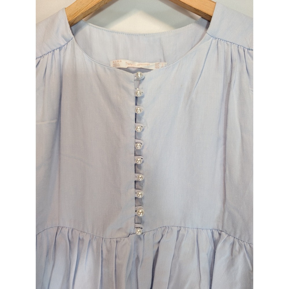 Zara Trafaluc Light Blue Pinstripe Pearl Button Tiered High Low Ruffle Dress S - Picture 2 of 5